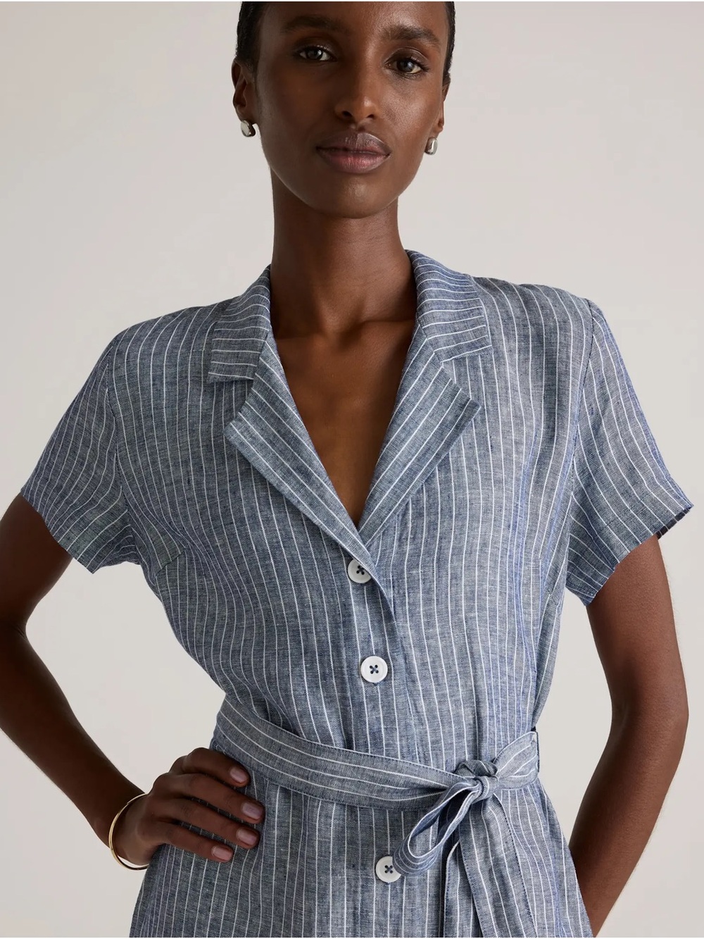 Quince 100% European Linen Button Front Dress Chambray Stripe XS
